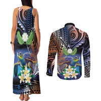 Marshall Islands Kwajalein Atoll Couples Matching Tank Maxi Dress and Long Sleeve Button Shirt Plumeria Sea Turtle with Polynesian Tribal LT9 - Polynesian Pride