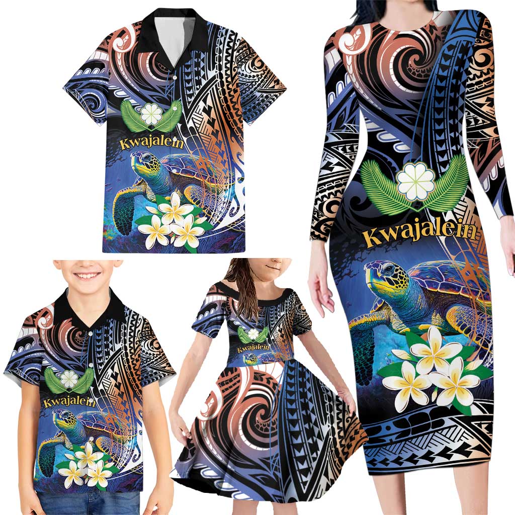Marshall Islands Kwajalein Atoll Family Matching Long Sleeve Bodycon Dress and Hawaiian Shirt Plumeria Sea Turtle with Polynesian Tribal LT9 - Polynesian Pride