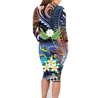 Marshall Islands Kwajalein Atoll Family Matching Long Sleeve Bodycon Dress and Hawaiian Shirt Plumeria Sea Turtle with Polynesian Tribal LT9 - Polynesian Pride