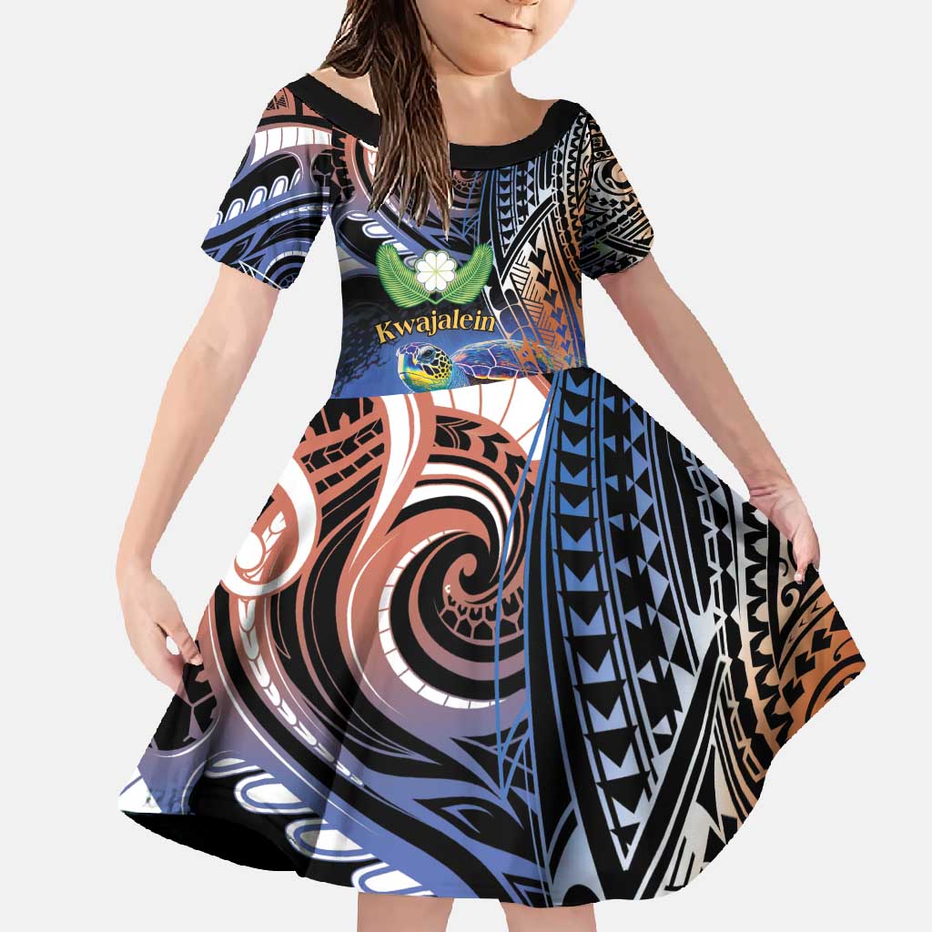 Marshall Islands Kwajalein Atoll Family Matching Mermaid Dress and Hawaiian Shirt Plumeria Sea Turtle with Polynesian Tribal LT9 Daughter's Dress Blue - Polynesian Pride