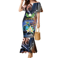 Marshall Islands Kwajalein Atoll Family Matching Mermaid Dress and Hawaiian Shirt Plumeria Sea Turtle with Polynesian Tribal LT9 Mom's Dress Blue - Polynesian Pride