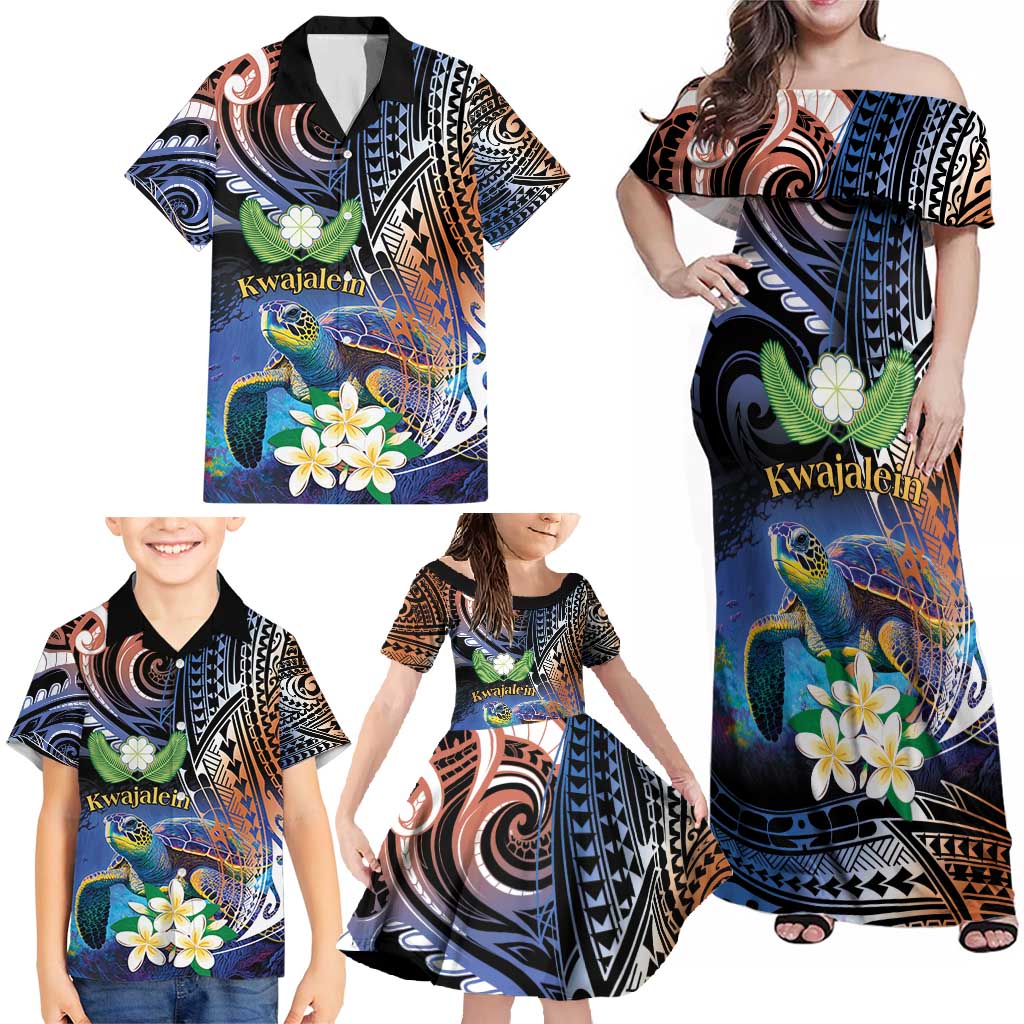 Marshall Islands Kwajalein Atoll Family Matching Off Shoulder Maxi Dress and Hawaiian Shirt Plumeria Sea Turtle with Polynesian Tribal LT9 - Polynesian Pride