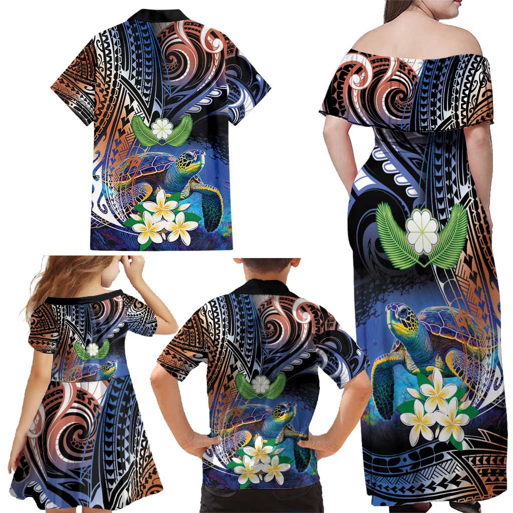 Marshall Islands Kwajalein Atoll Family Matching Off Shoulder Maxi Dress and Hawaiian Shirt Plumeria Sea Turtle with Polynesian Tribal LT9 - Polynesian Pride