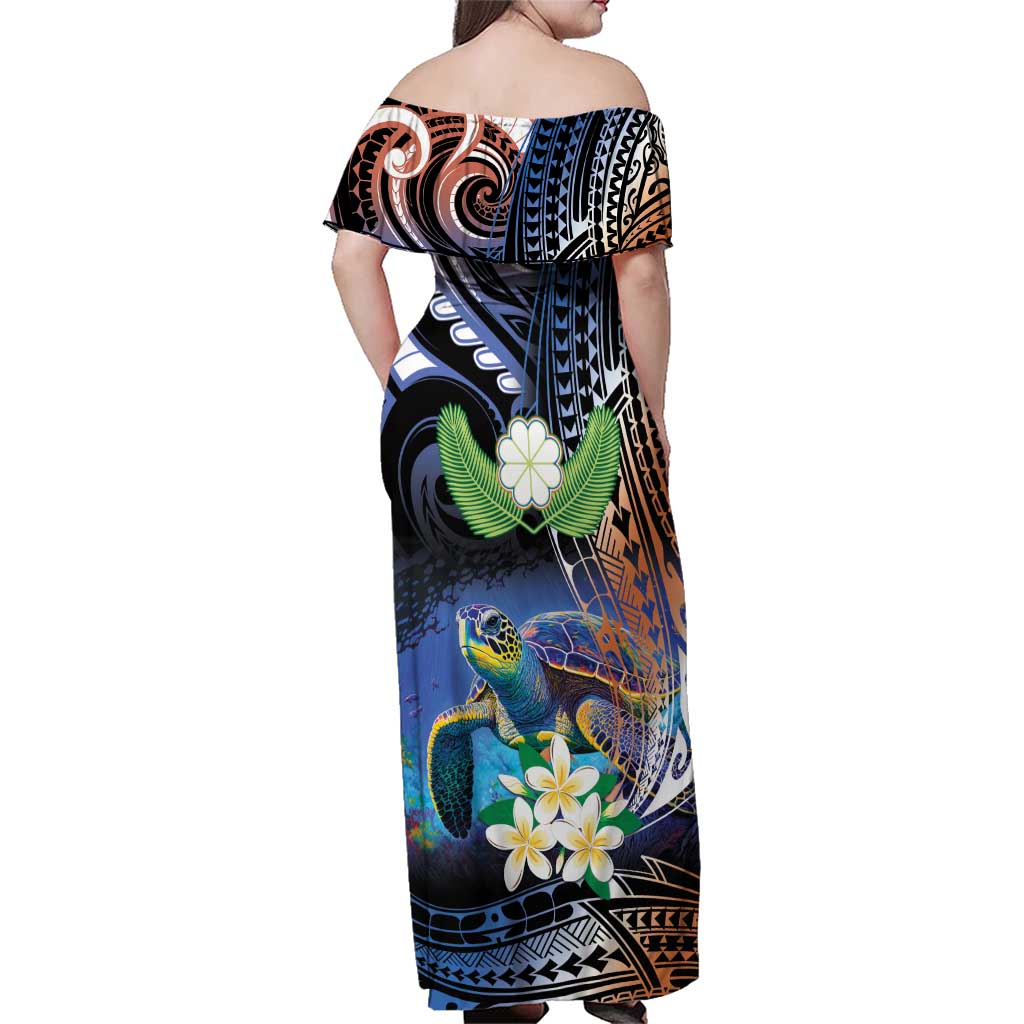 Marshall Islands Kwajalein Atoll Family Matching Off Shoulder Maxi Dress and Hawaiian Shirt Plumeria Sea Turtle with Polynesian Tribal LT9 - Polynesian Pride