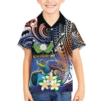Marshall Islands Kwajalein Atoll Family Matching Off Shoulder Maxi Dress and Hawaiian Shirt Plumeria Sea Turtle with Polynesian Tribal LT9 Son's Shirt Blue - Polynesian Pride