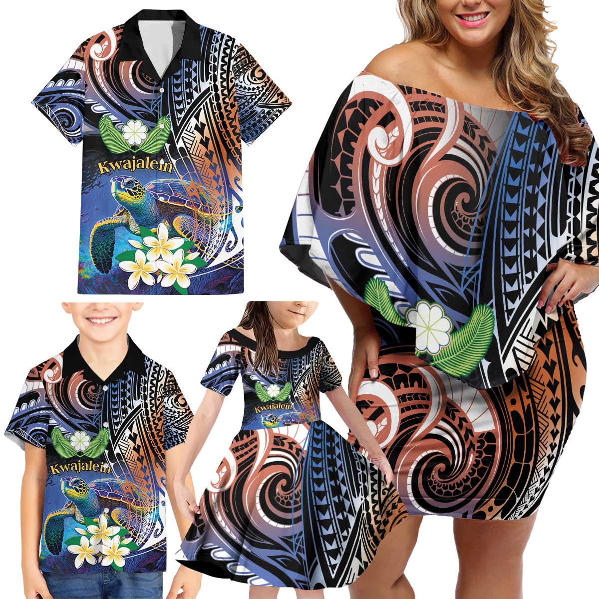 Marshall Islands Kwajalein Atoll Family Matching Off Shoulder Short Dress and Hawaiian Shirt Plumeria Sea Turtle with Polynesian Tribal LT9 - Polynesian Pride