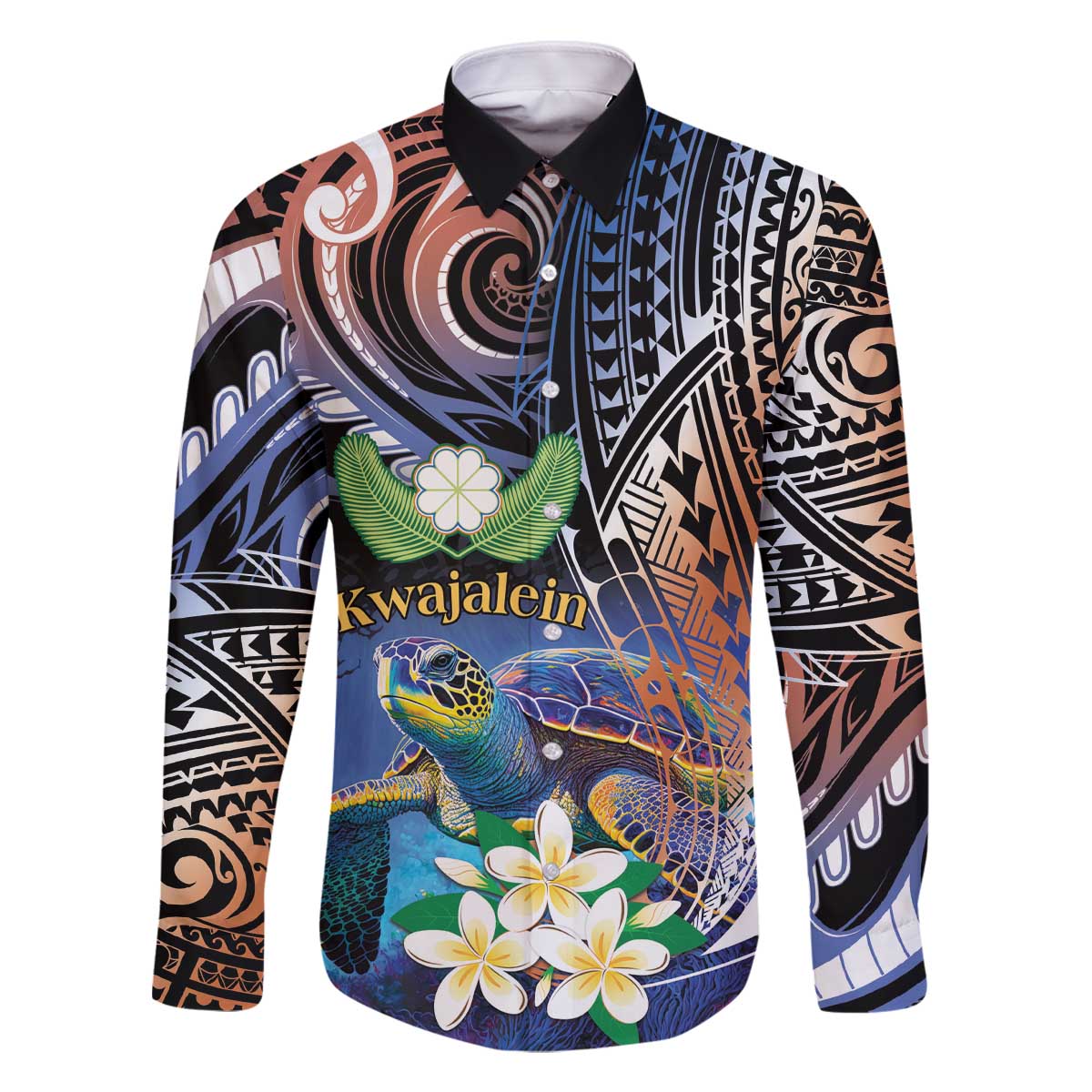 Marshall Islands Kwajalein Atoll Family Matching Off Shoulder Short Dress and Hawaiian Shirt Plumeria Sea Turtle with Polynesian Tribal LT9 Dad's Shirt - Long Sleeve Blue - Polynesian Pride