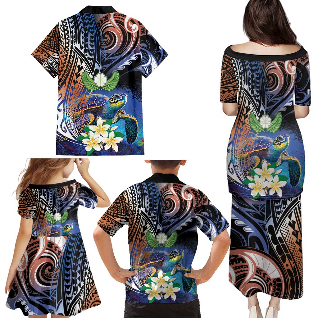 Marshall Islands Kwajalein Atoll Family Matching Puletasi and Hawaiian Shirt Plumeria Sea Turtle with Polynesian Tribal LT9 - Polynesian Pride