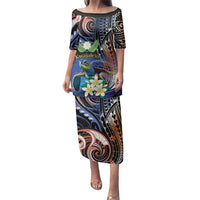 Marshall Islands Kwajalein Atoll Family Matching Puletasi and Hawaiian Shirt Plumeria Sea Turtle with Polynesian Tribal LT9 Mom's Dress Blue - Polynesian Pride