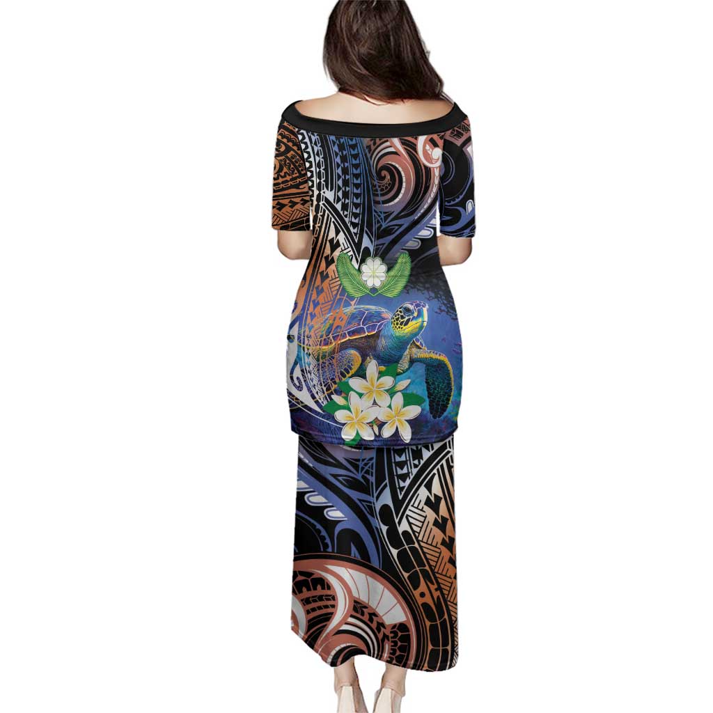 Marshall Islands Kwajalein Atoll Family Matching Puletasi and Hawaiian Shirt Plumeria Sea Turtle with Polynesian Tribal LT9 - Polynesian Pride