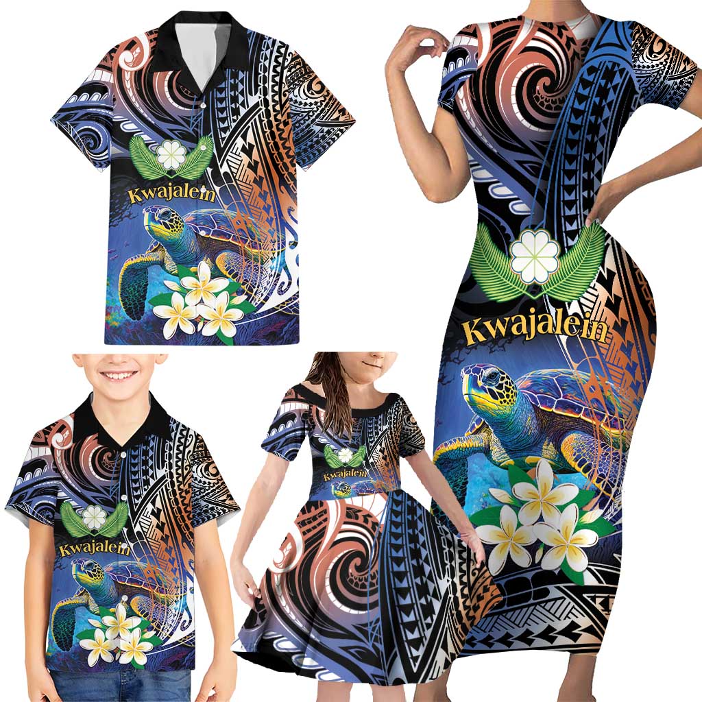 Marshall Islands Kwajalein Atoll Family Matching Short Sleeve Bodycon Dress and Hawaiian Shirt Plumeria Sea Turtle with Polynesian Tribal LT9 - Polynesian Pride