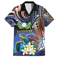 Marshall Islands Kwajalein Atoll Family Matching Short Sleeve Bodycon Dress and Hawaiian Shirt Plumeria Sea Turtle with Polynesian Tribal LT9 Dad's Shirt - Short Sleeve Blue - Polynesian Pride