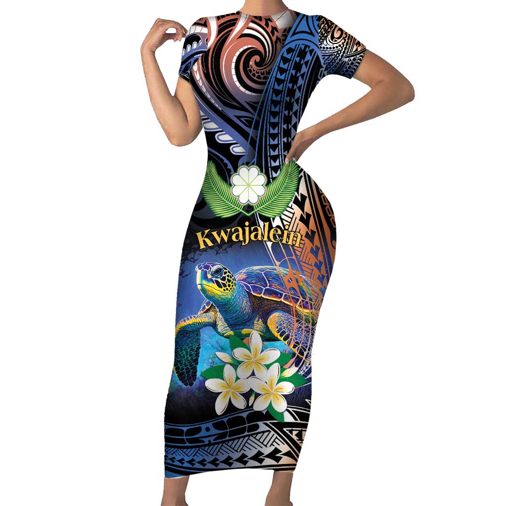 Marshall Islands Kwajalein Atoll Family Matching Short Sleeve Bodycon Dress and Hawaiian Shirt Plumeria Sea Turtle with Polynesian Tribal LT9 Mom's Dress Blue - Polynesian Pride