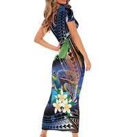 Marshall Islands Kwajalein Atoll Family Matching Short Sleeve Bodycon Dress and Hawaiian Shirt Plumeria Sea Turtle with Polynesian Tribal LT9 - Polynesian Pride