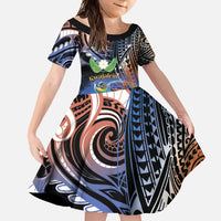 Marshall Islands Kwajalein Atoll Family Matching Summer Maxi Dress and Hawaiian Shirt Plumeria Sea Turtle with Polynesian Tribal LT9 Daughter's Dress Blue - Polynesian Pride