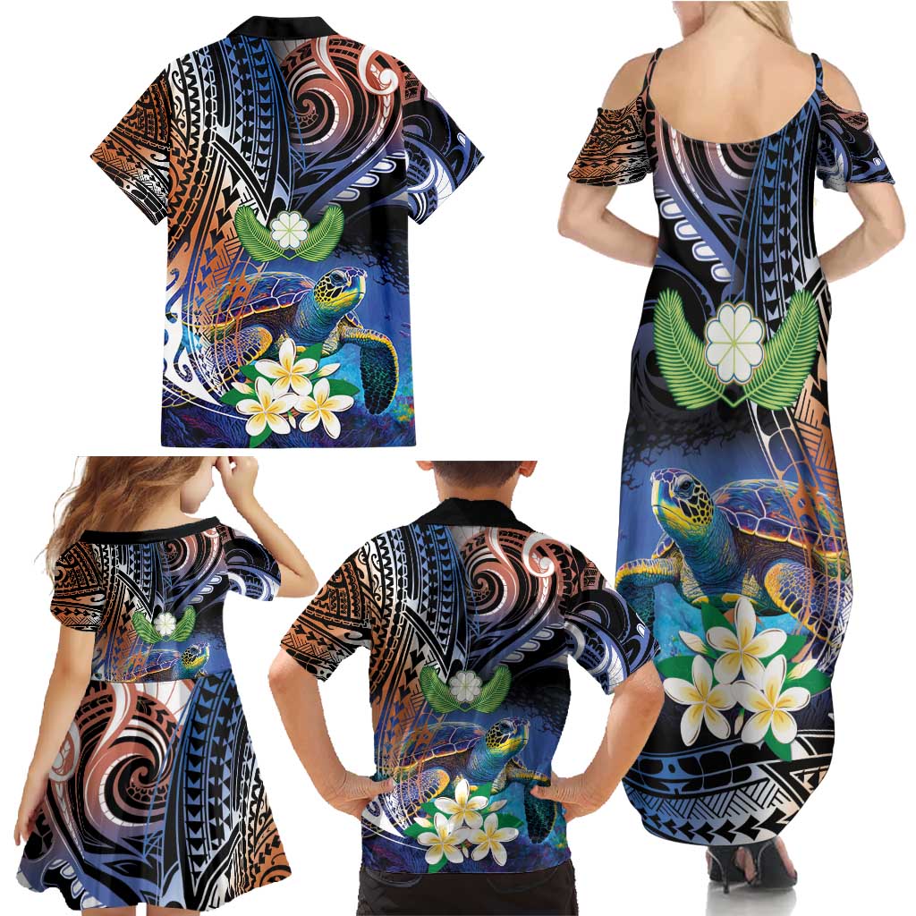 Marshall Islands Kwajalein Atoll Family Matching Summer Maxi Dress and Hawaiian Shirt Plumeria Sea Turtle with Polynesian Tribal LT9 - Polynesian Pride