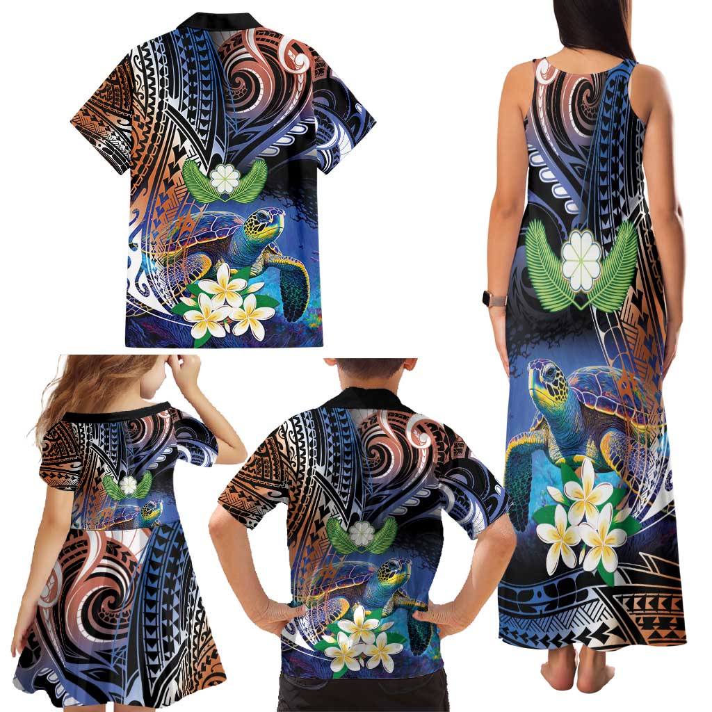 Marshall Islands Kwajalein Atoll Family Matching Tank Maxi Dress and Hawaiian Shirt Plumeria Sea Turtle with Polynesian Tribal LT9 - Polynesian Pride
