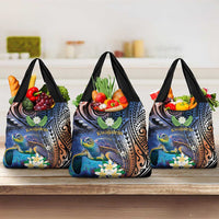 Marshall Islands Kwajalein Atoll Grocery Bag Plumeria Sea Turtle with Polynesian Tribal