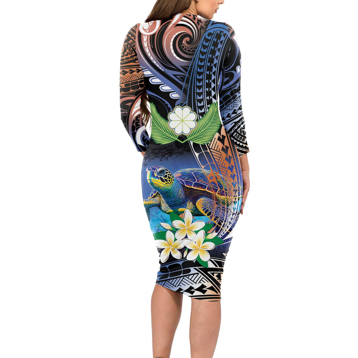 Marshall Islands Kwajalein Atoll Long Sleeve Bodycon Dress Plumeria Sea Turtle with Polynesian Tribal LT9 - Polynesian Pride