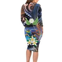 Marshall Islands Kwajalein Atoll Long Sleeve Bodycon Dress Plumeria Sea Turtle with Polynesian Tribal LT9 - Polynesian Pride