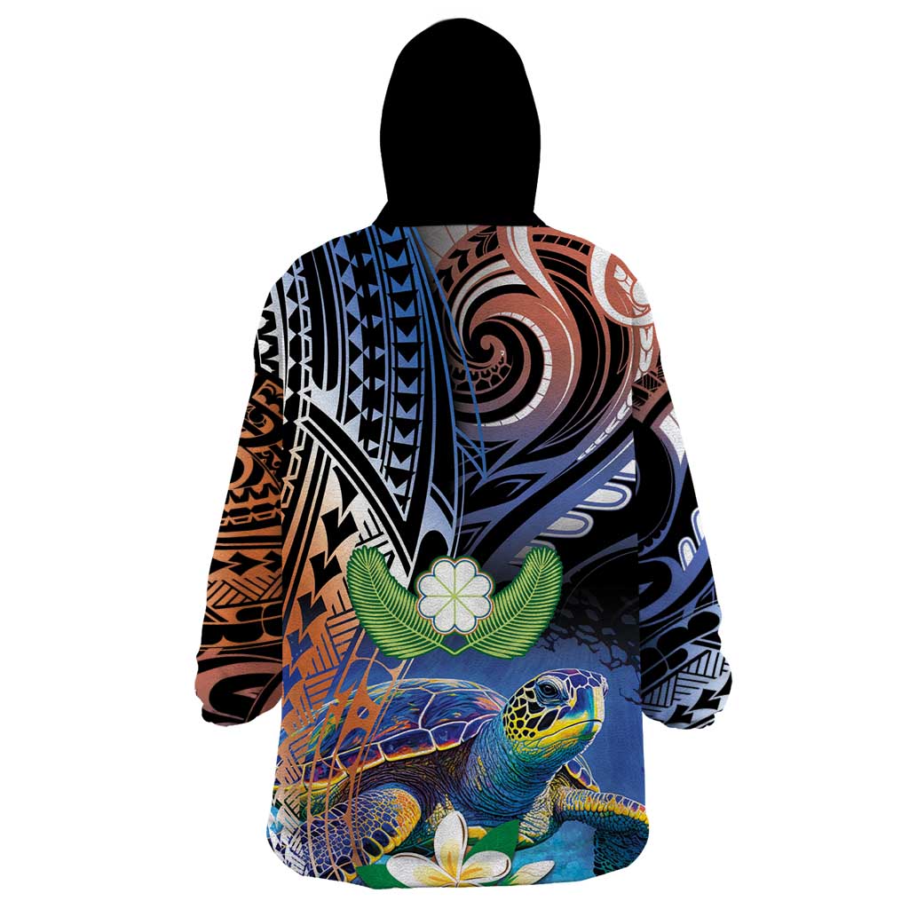 Marshall Islands Kwajalein Atoll Wearable Blanket Hoodie Plumeria Sea Turtle with Polynesian Tribal LT9 - Polynesian Pride