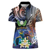 Marshall Islands Kwajalein Atoll Women Polo Shirt Plumeria Sea Turtle with Polynesian Tribal LT9 Female Blue - Polynesian Pride