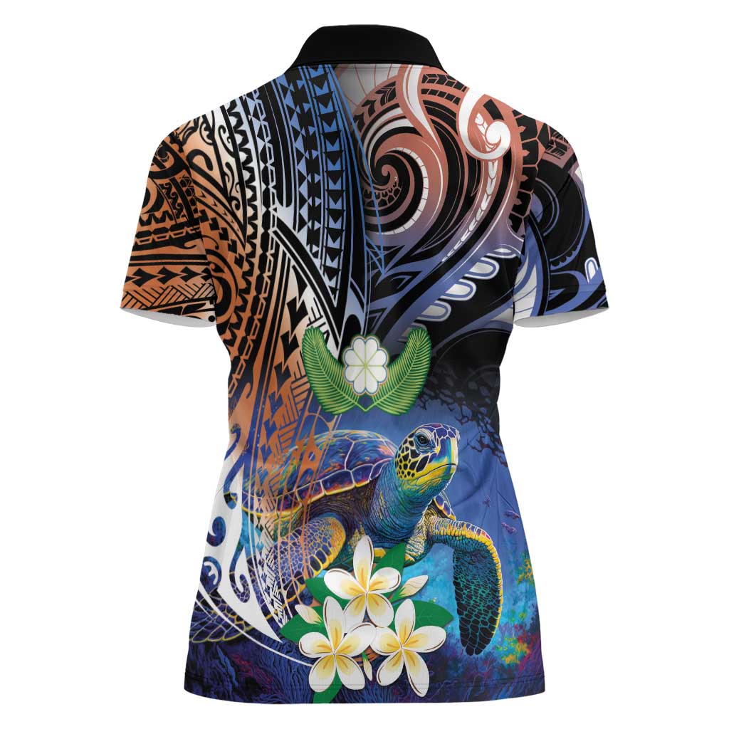 Marshall Islands Kwajalein Atoll Women Polo Shirt Plumeria Sea Turtle with Polynesian Tribal LT9 - Polynesian Pride