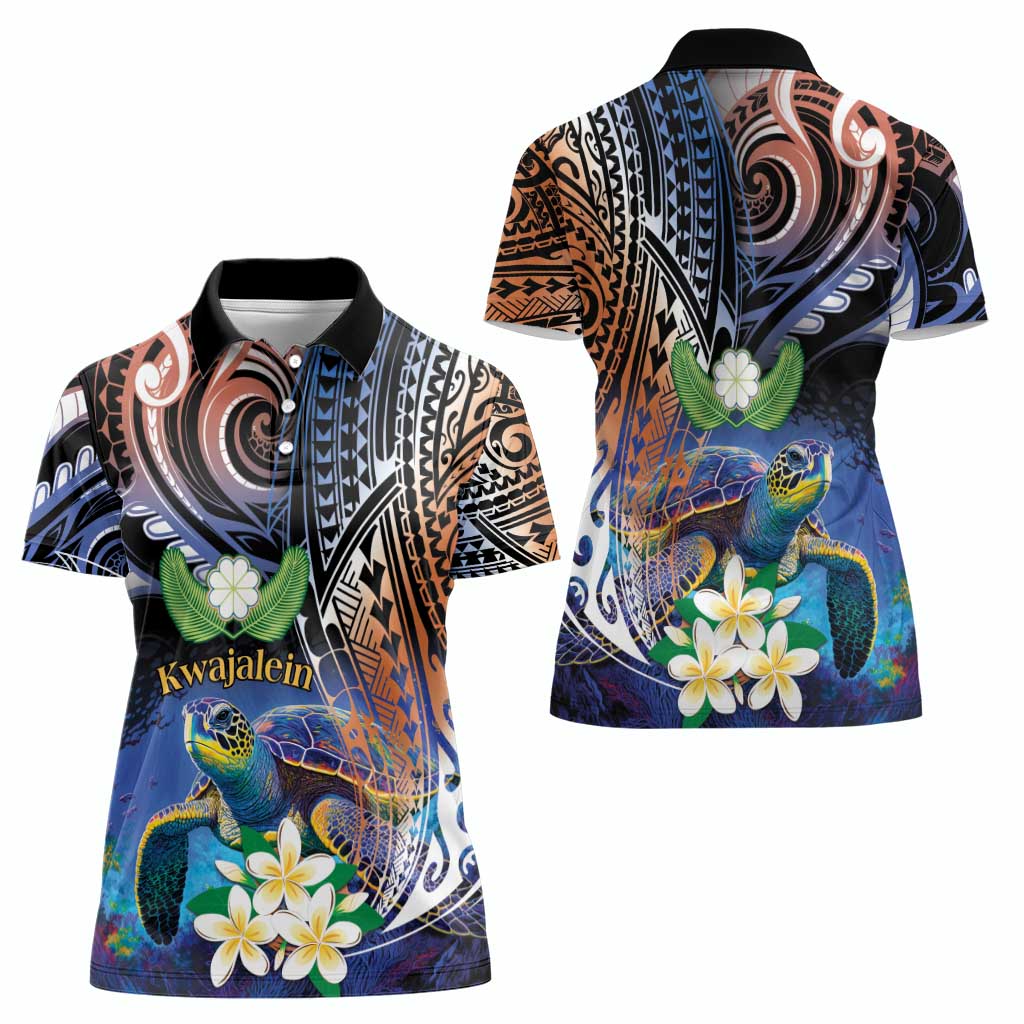 Marshall Islands Kwajalein Atoll Women Polo Shirt Plumeria Sea Turtle with Polynesian Tribal LT9 - Polynesian Pride