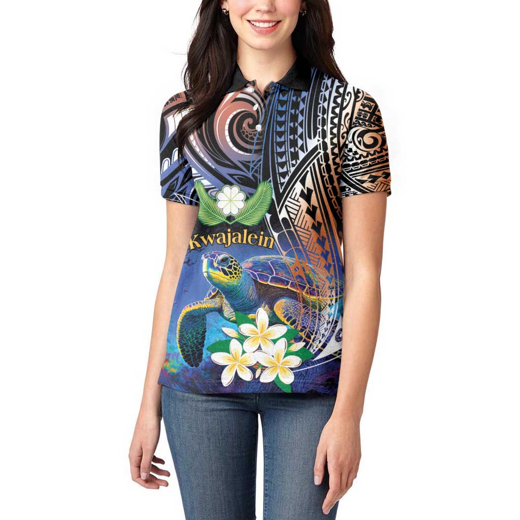 Marshall Islands Kwajalein Atoll Women Polo Shirt Plumeria Sea Turtle with Polynesian Tribal LT9 - Polynesian Pride