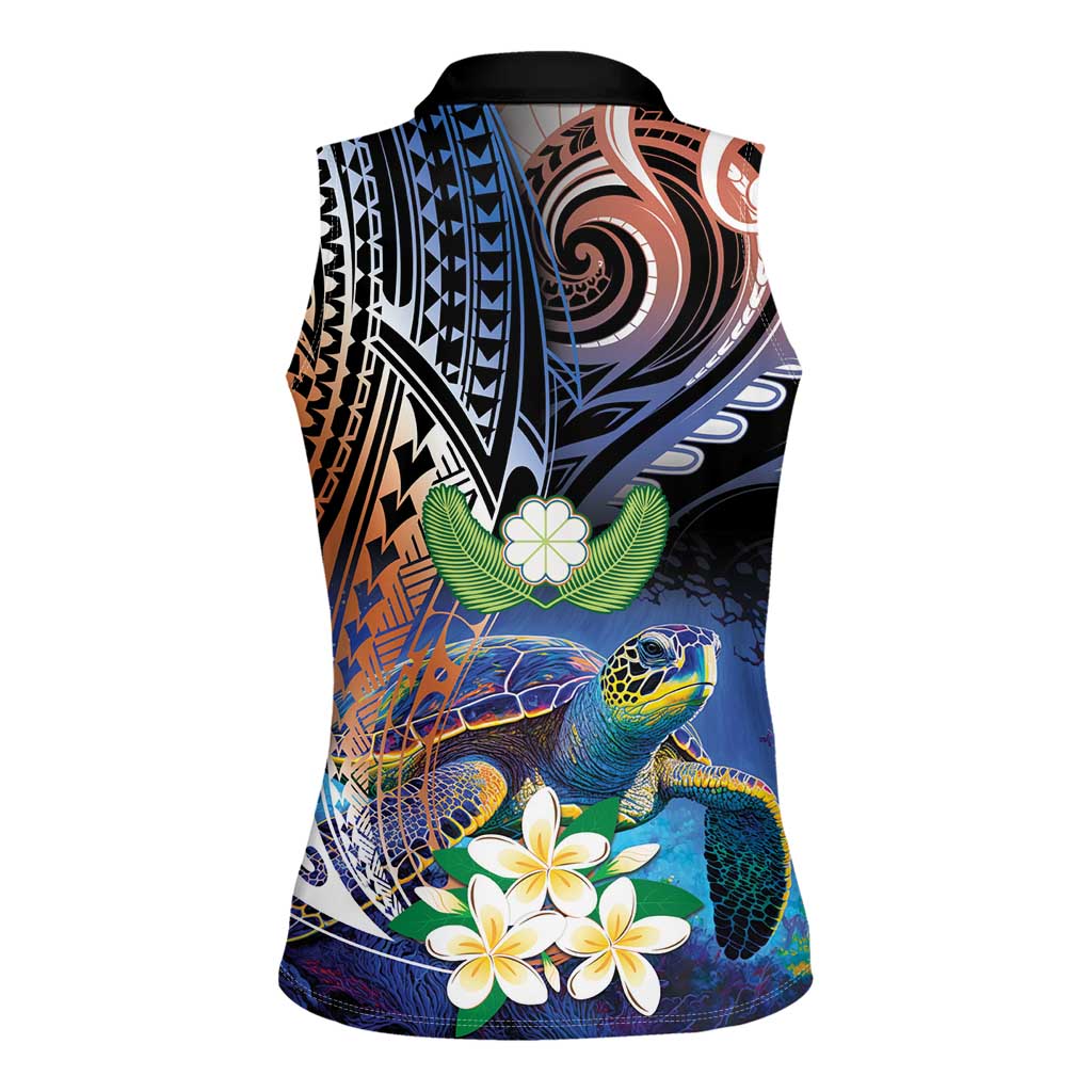 Marshall Islands Kwajalein Atoll Women Sleeveless Polo Shirt Plumeria Sea Turtle with Polynesian Tribal LT9 - Polynesian Pride
