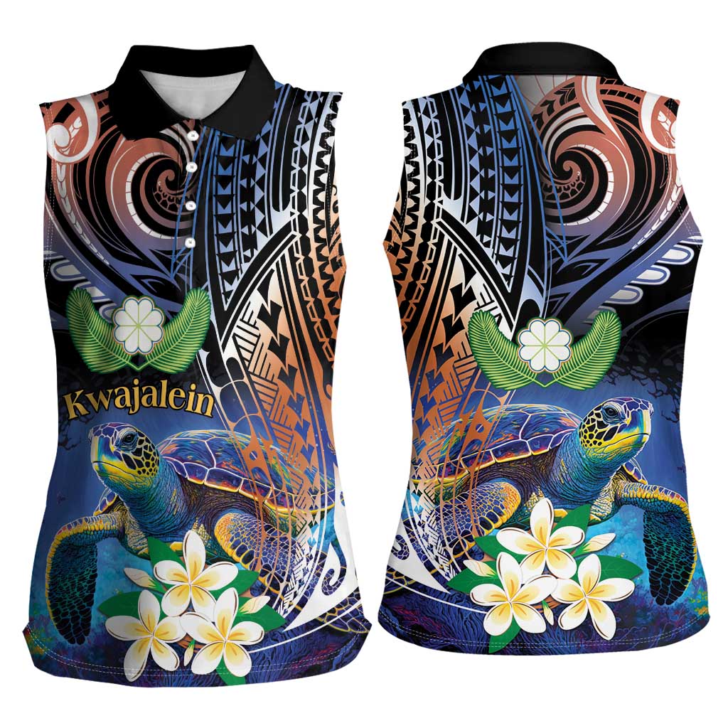Marshall Islands Kwajalein Atoll Women Sleeveless Polo Shirt Plumeria Sea Turtle with Polynesian Tribal LT9 - Polynesian Pride