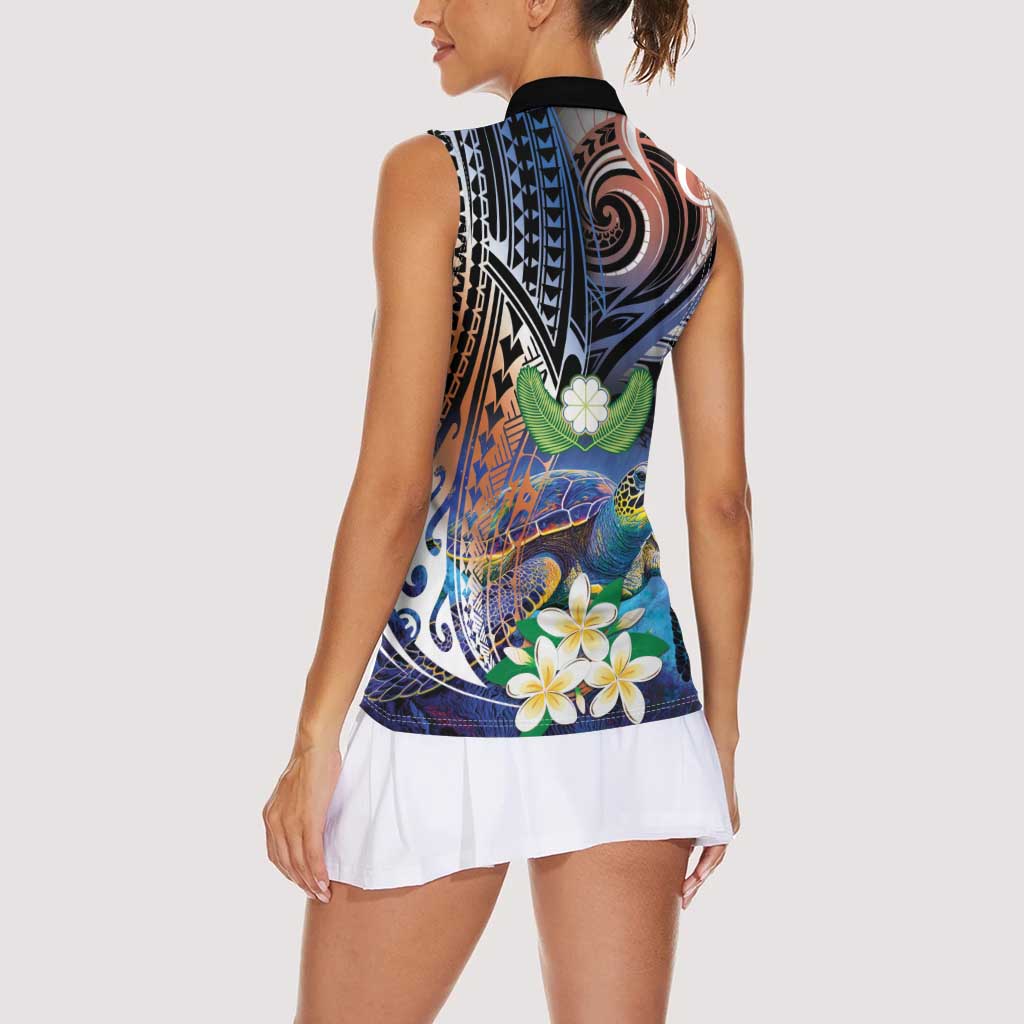 Marshall Islands Kwajalein Atoll Women Sleeveless Polo Shirt Plumeria Sea Turtle with Polynesian Tribal LT9 - Polynesian Pride
