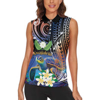Marshall Islands Kwajalein Atoll Women Sleeveless Polo Shirt Plumeria Sea Turtle with Polynesian Tribal LT9 - Polynesian Pride