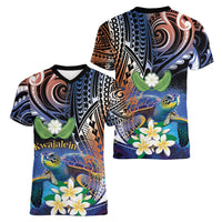 Marshall Islands Kwajalein Atoll Women V-Neck T-Shirt Plumeria Sea Turtle with Polynesian Tribal LT9 - Polynesian Pride
