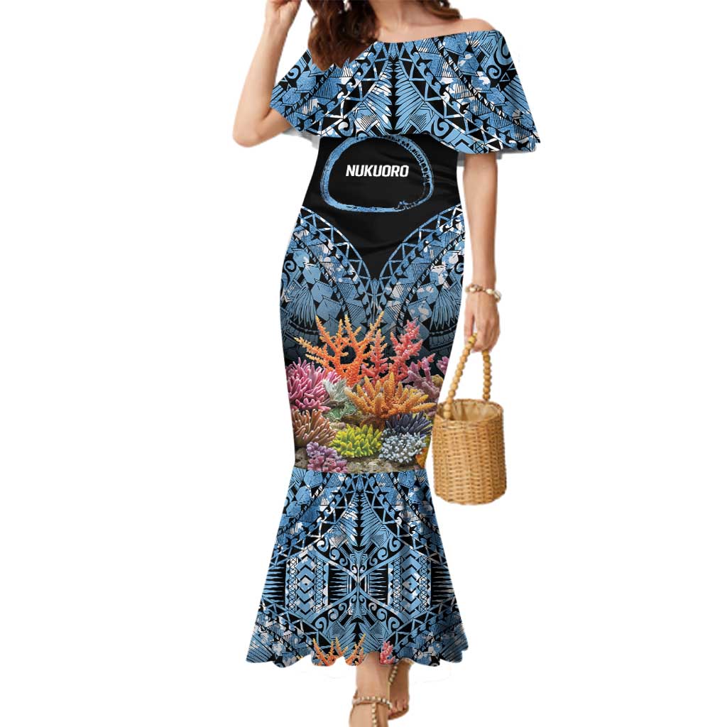 Personalised Nukuoro Micronesia Atoll Family Matching Mermaid Dress and Hawaiian Shirt with Pacific Coral Reef LT9 Mom's Dress Blue - Polynesian Pride
