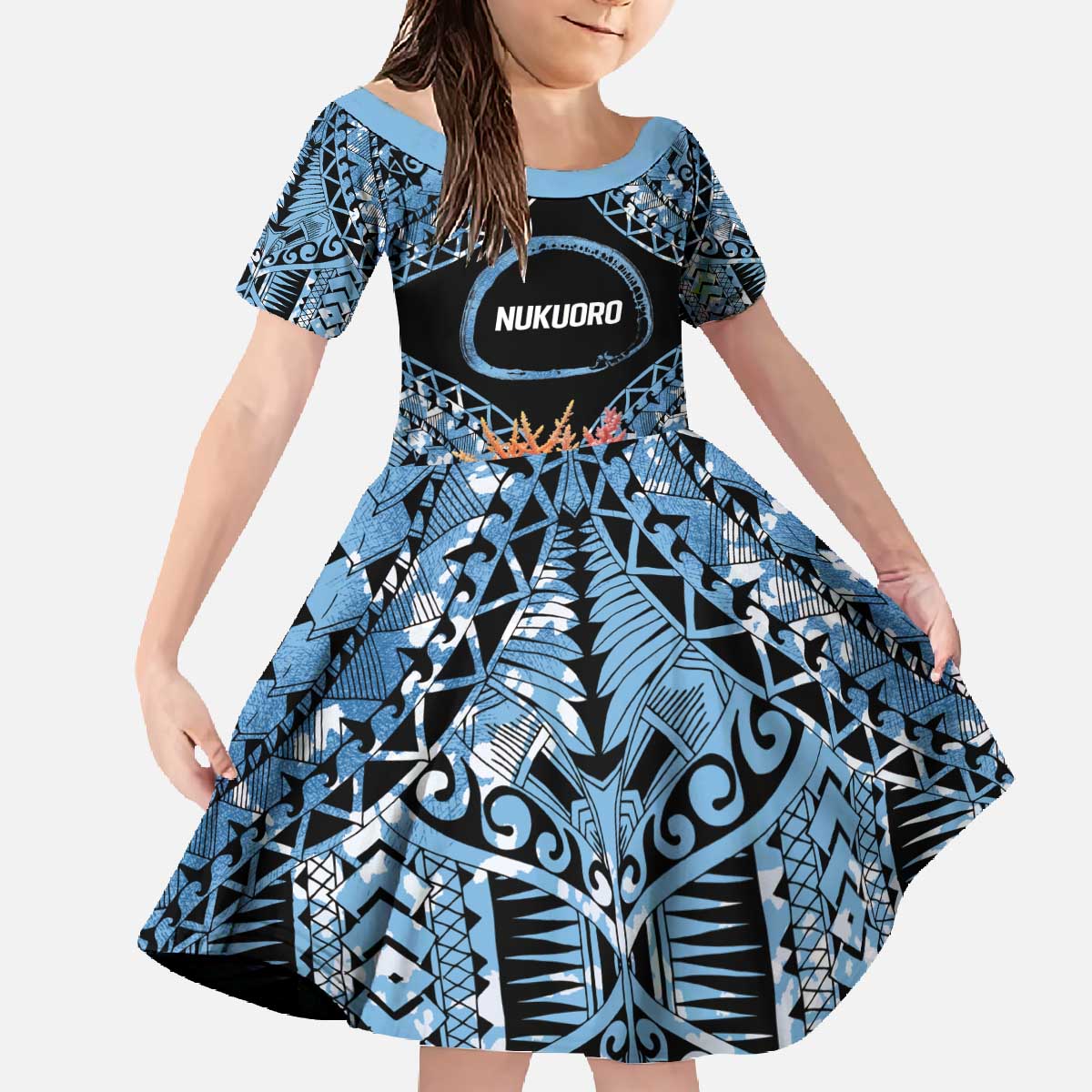 Personalised Nukuoro Micronesia Atoll Family Matching Off The Shoulder Long Sleeve Dress and Hawaiian Shirt with Pacific Coral Reef LT9 Daughter's Dress Blue - Polynesian Pride
