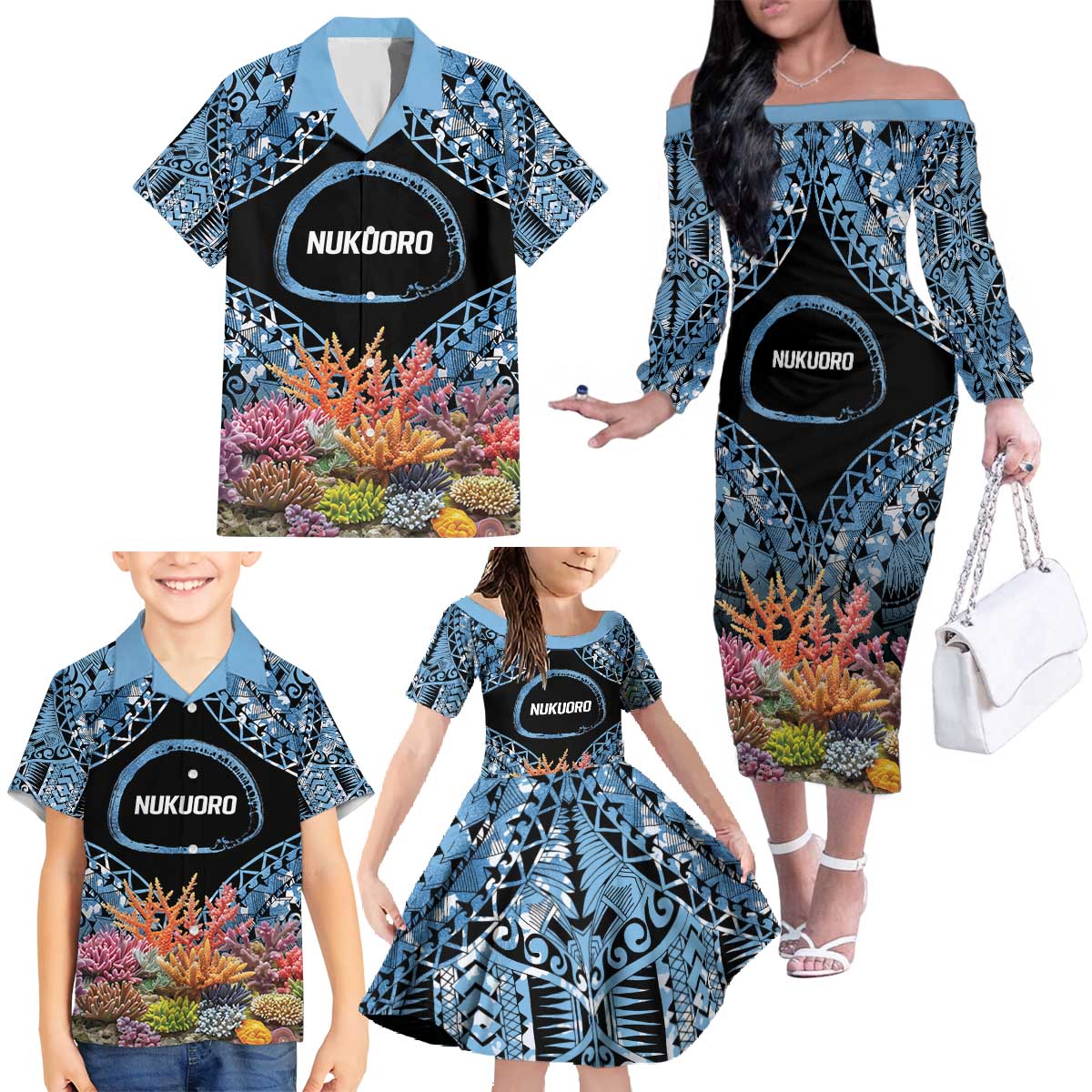 Personalised Nukuoro Micronesia Atoll Family Matching Off The Shoulder Long Sleeve Dress and Hawaiian Shirt with Pacific Coral Reef LT9 - Polynesian Pride