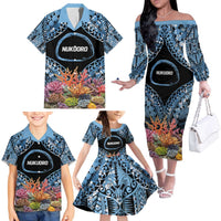 Personalised Nukuoro Micronesia Atoll Family Matching Off The Shoulder Long Sleeve Dress and Hawaiian Shirt with Pacific Coral Reef LT9 - Polynesian Pride