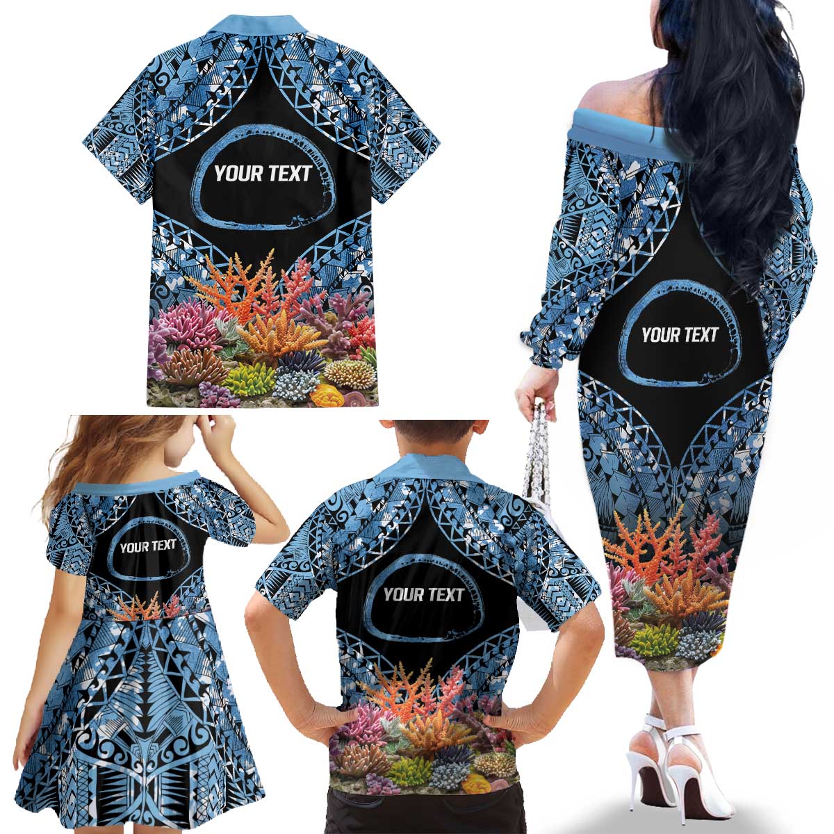 Personalised Nukuoro Micronesia Atoll Family Matching Off The Shoulder Long Sleeve Dress and Hawaiian Shirt with Pacific Coral Reef LT9 - Polynesian Pride