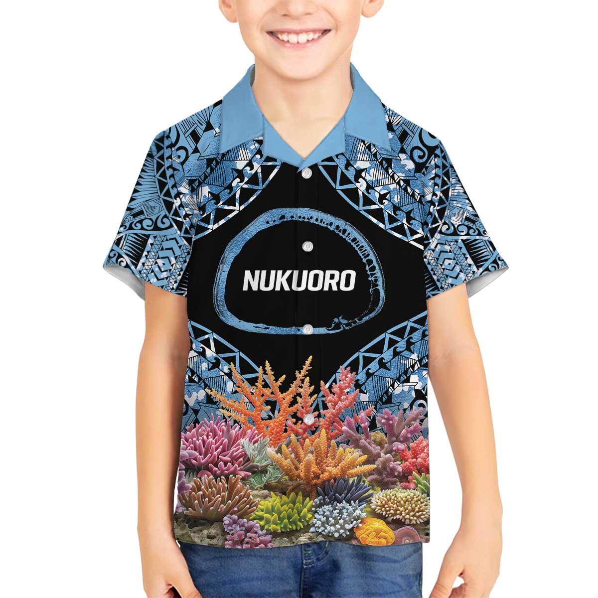 Personalised Nukuoro Micronesia Atoll Family Matching Off The Shoulder Long Sleeve Dress and Hawaiian Shirt with Pacific Coral Reef LT9 Son's Shirt Blue - Polynesian Pride