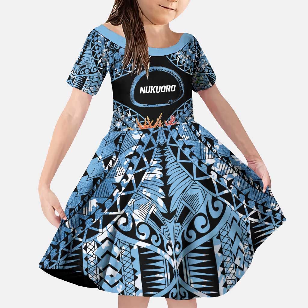 Personalised Nukuoro Micronesia Atoll Family Matching Short Sleeve Bodycon Dress and Hawaiian Shirt with Pacific Coral Reef LT9 Daughter's Dress Blue - Polynesian Pride