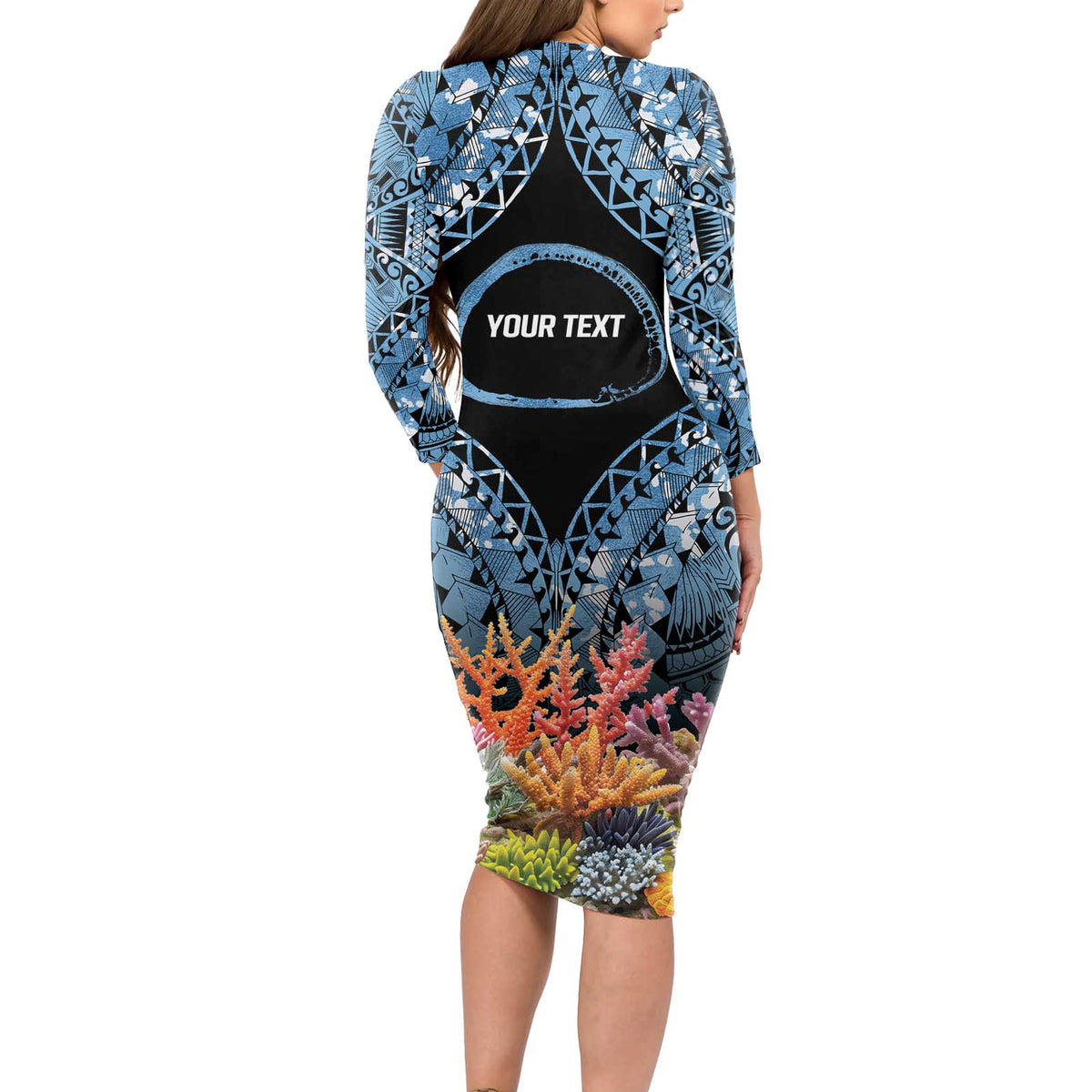 Personalised Nukuoro Micronesia Atoll Long Sleeve Bodycon Dress with Pacific Coral Reef LT9 - Polynesian Pride