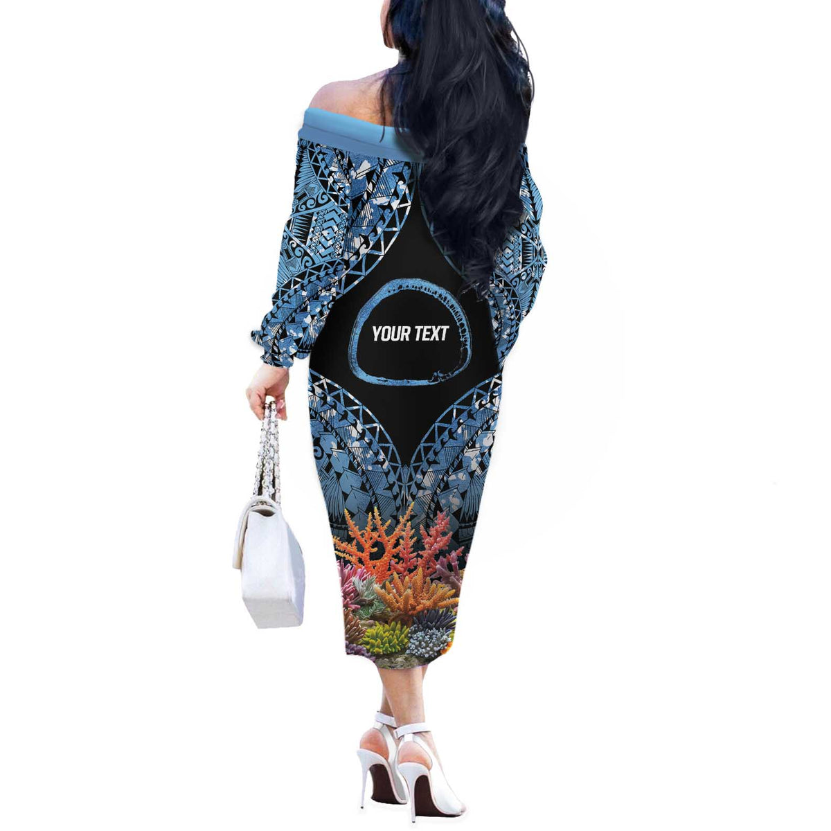 Personalised Nukuoro Micronesia Atoll Off The Shoulder Long Sleeve Dress with Pacific Coral Reef LT9 - Polynesian Pride