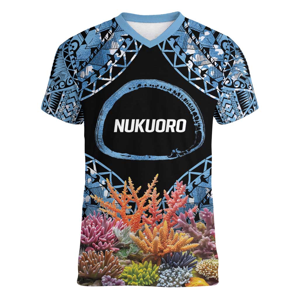Personalised Nukuoro Micronesia Atoll Women V-Neck T-Shirt with Pacific Coral Reef