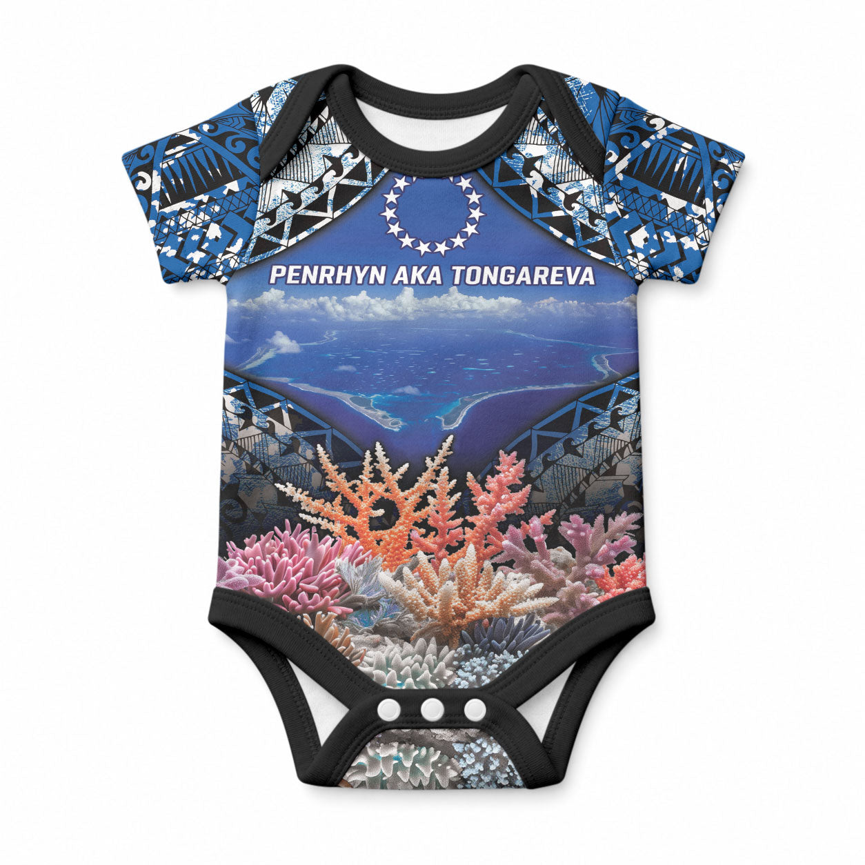 Penrhyn aka Tongareva Cook Islands Atoll Personalised Baby Onesie with Pacific Coral Reef Blue Vibe LT9 Blue - Polynesian Pride