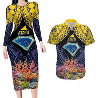 Tokelau Atafu Atoll Personalised Couples Matching Long Sleeve Bodycon Dress and Hawaiian Shirt Pacific Coral Reef Vibe LT9 Gold - Polynesian Pride