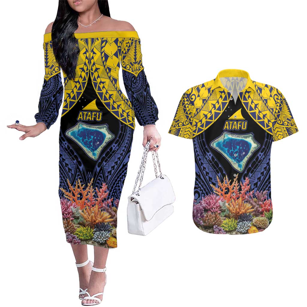 Tokelau Atafu Atoll Personalised Couples Matching Off The Shoulder Long Sleeve Dress and Hawaiian Shirt Pacific Coral Reef Vibe LT9 Gold - Polynesian Pride