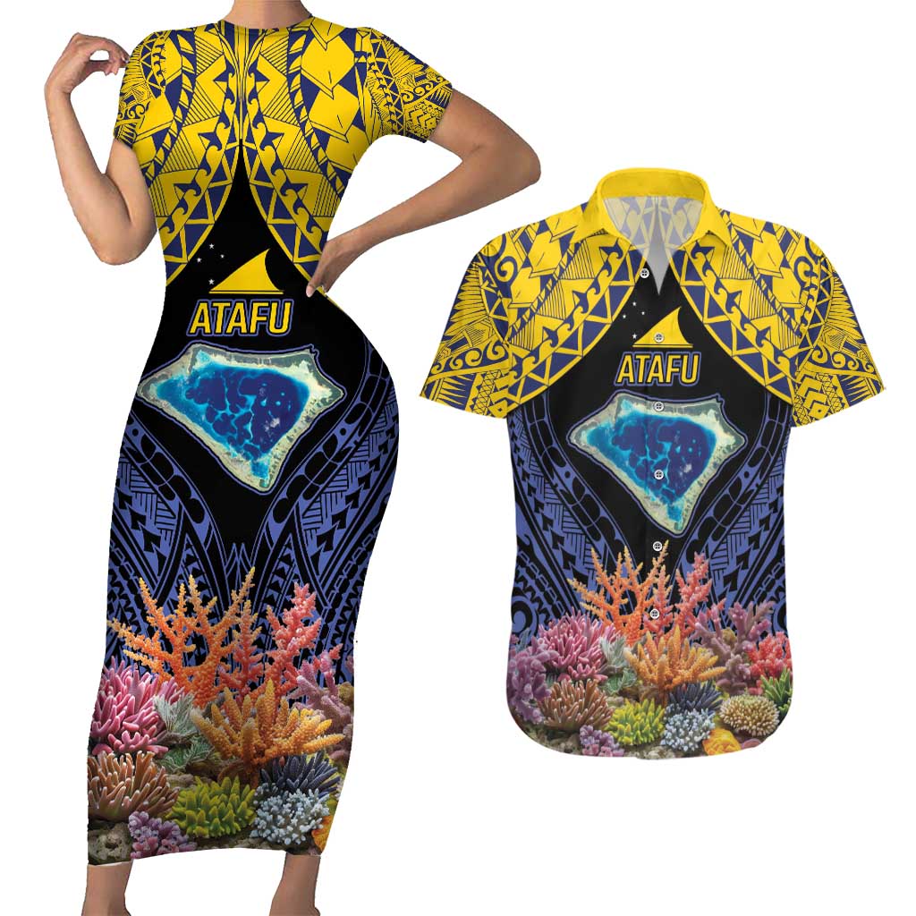 Tokelau Atafu Atoll Personalised Couples Matching Short Sleeve Bodycon Dress and Hawaiian Shirt Pacific Coral Reef Vibe LT9 Gold - Polynesian Pride