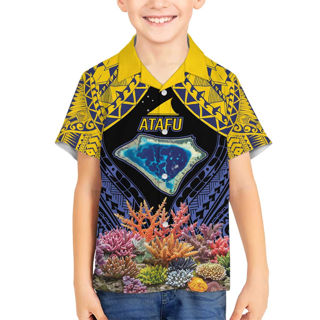 Tokelau Atafu Atoll Personalised Family Matching Long Sleeve Bodycon Dress and Hawaiian Shirt Pacific Coral Reef Vibe LT9 Son's Shirt Gold - Polynesian Pride
