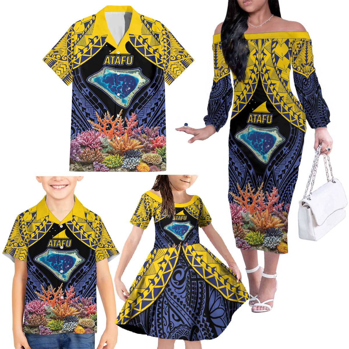 Tokelau Atafu Atoll Personalised Family Matching Off The Shoulder Long Sleeve Dress and Hawaiian Shirt Pacific Coral Reef Vibe LT9 - Polynesian Pride